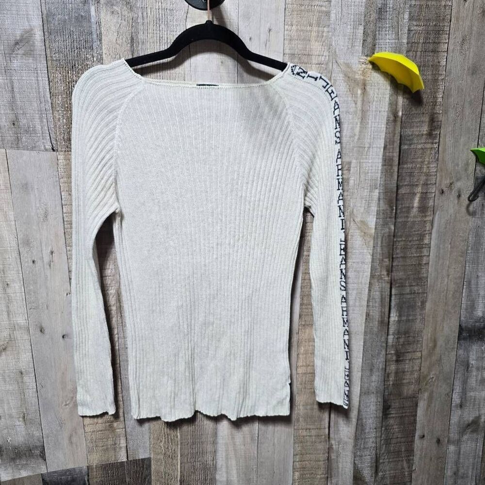 Armani Jeans Beige Ribbed Knit Logo Square Neck Sweater Linen Blend